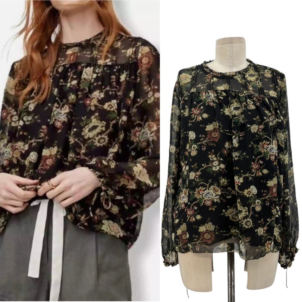 Aritzia Wilfred Long Sleeve Floral Print Chiffon‎ Blouse Black Green Size Medium